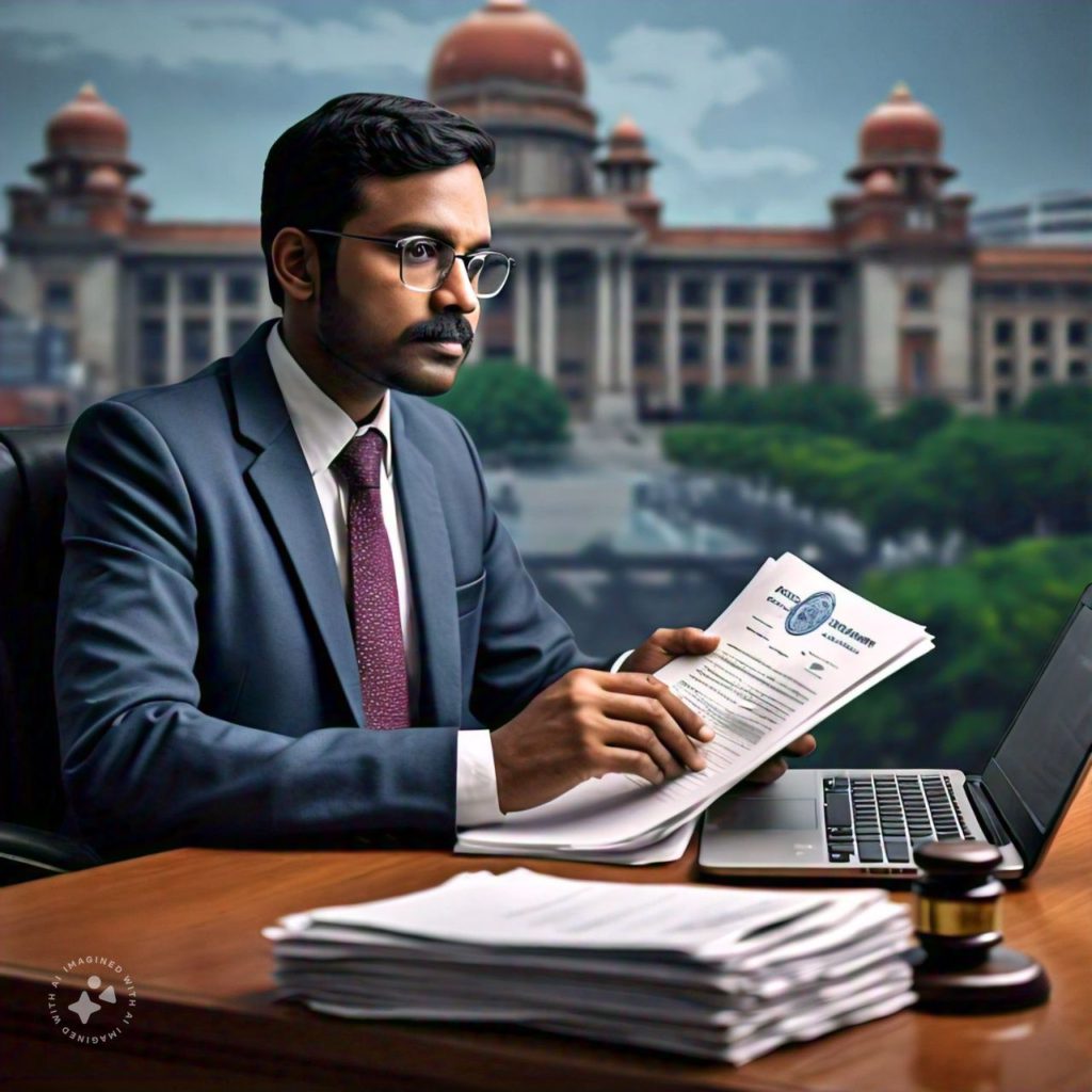 Indian lawyer or buyer researching inam land ownership documents at desk with laptop, stacks of papers, and a sealed judgement document in hand, with a blurred background of a Telangana court building, representing due diligence and careful consideration in land transactions, High Court judgement, and property law expertise.