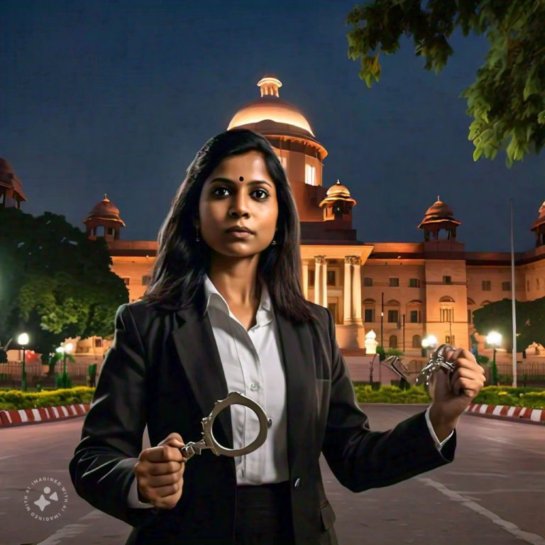 Image of an Indian advocate freeing a corporate employee from handcuffs, symbolizing the landmark Supreme Court of India judgement on director's liability under the Negotiable Instruments Act, with the Supreme Court building visible in the background.